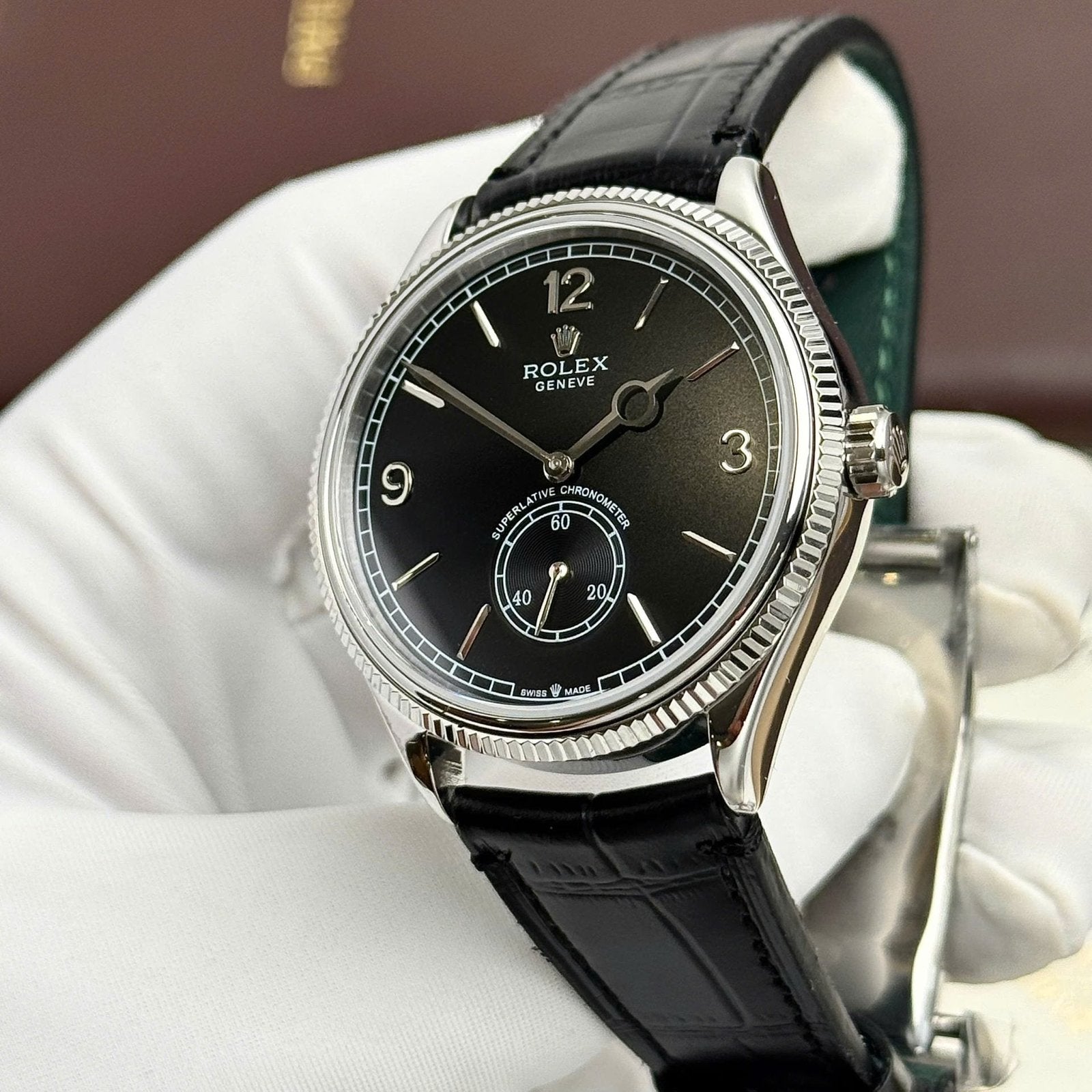 Rolex Perpetual 1908 Watch Black Dial Leather Strap 39mm