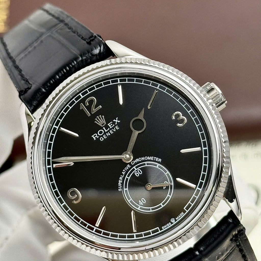 Rolex Perpetual 1908 Watch Black Dial Leather Strap 39mm