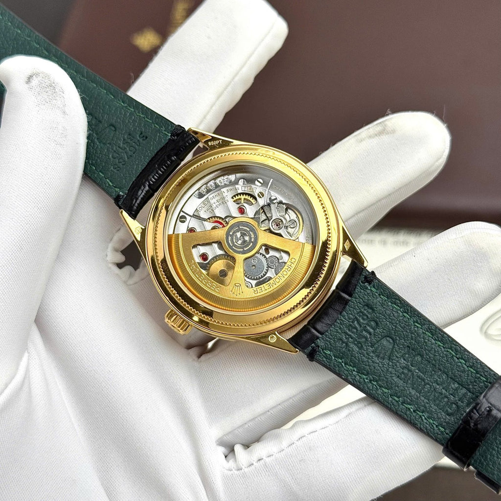 Rolex Perpetual 1908 Yellow Watch Black Dial Leather Strap 39mm
