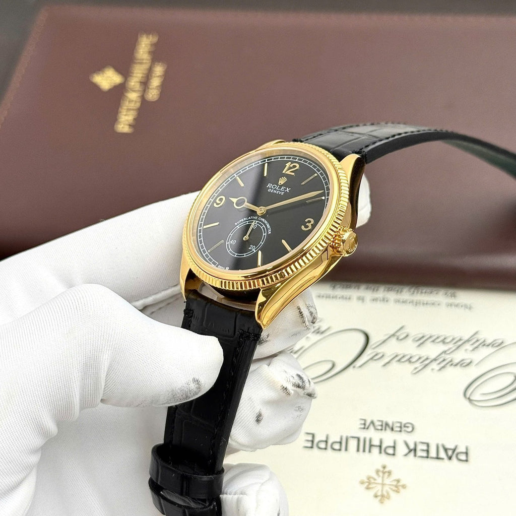 Rolex Perpetual 1908 Yellow Watch Black Dial Leather Strap 39mm