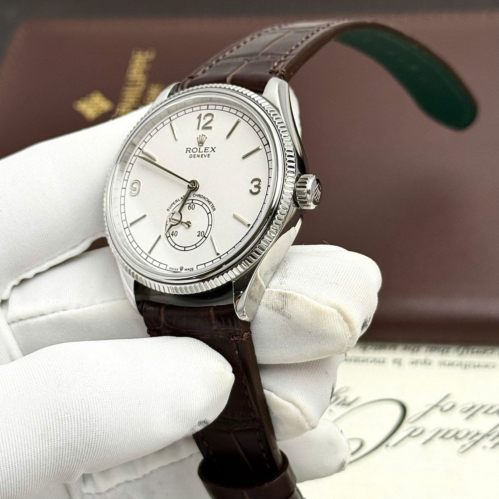 Rolex Perpetual 1908 Watch White Dial Leather Strap 39mm