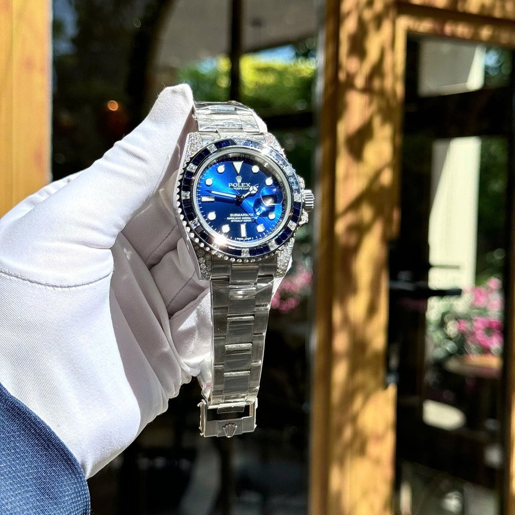 Rolex Submariner Blue Dial Watch Moissanite Diamonds + Synthetic Sapphire 41mm