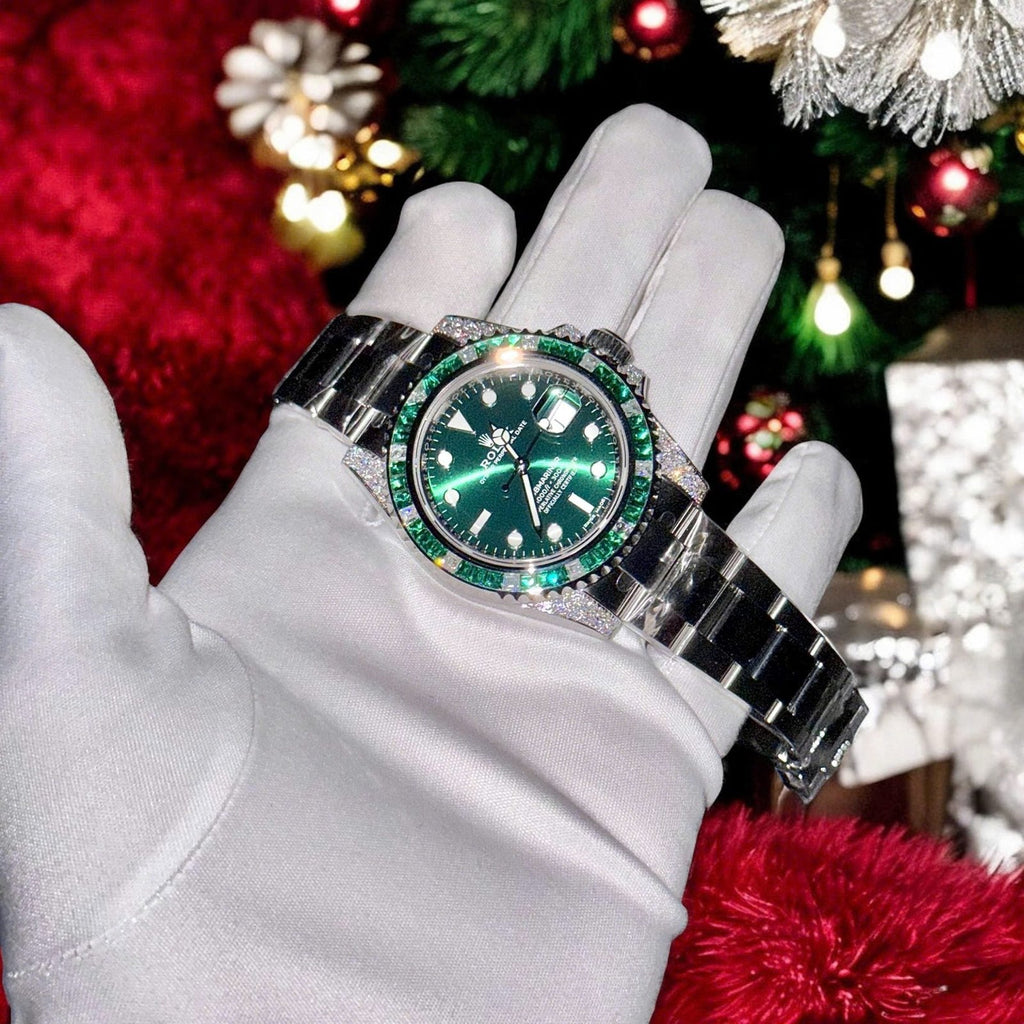 Rolex Submariner Green Dial Watch Diamonds Moissanite + Synthetic Sapphire 41mm