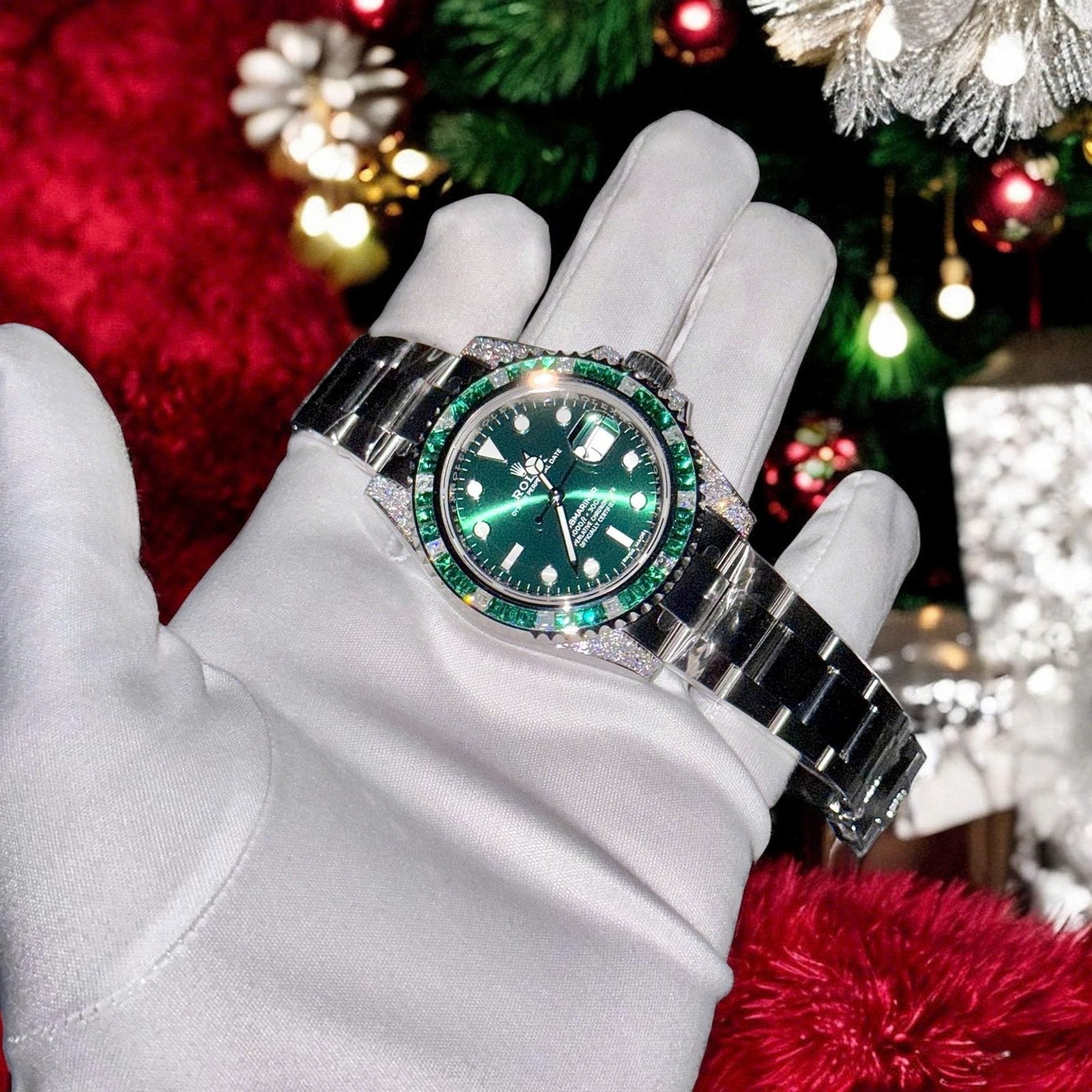 Rolex Submariner Green Dial Watch Diamonds Moissanite + Synthetic Sapphire 41mm