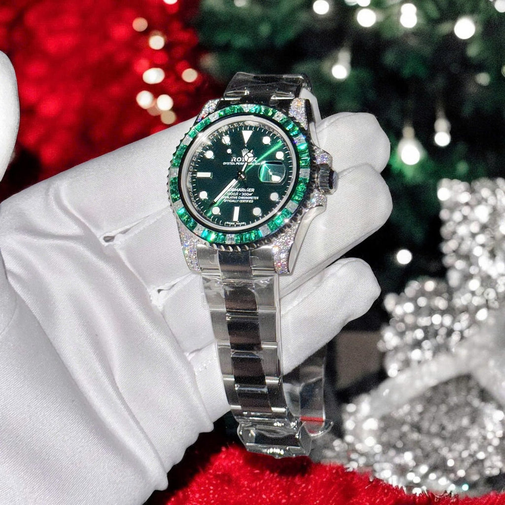 Rolex Submariner Green Dial Watch Diamonds Moissanite + Synthetic Sapphire 41mm