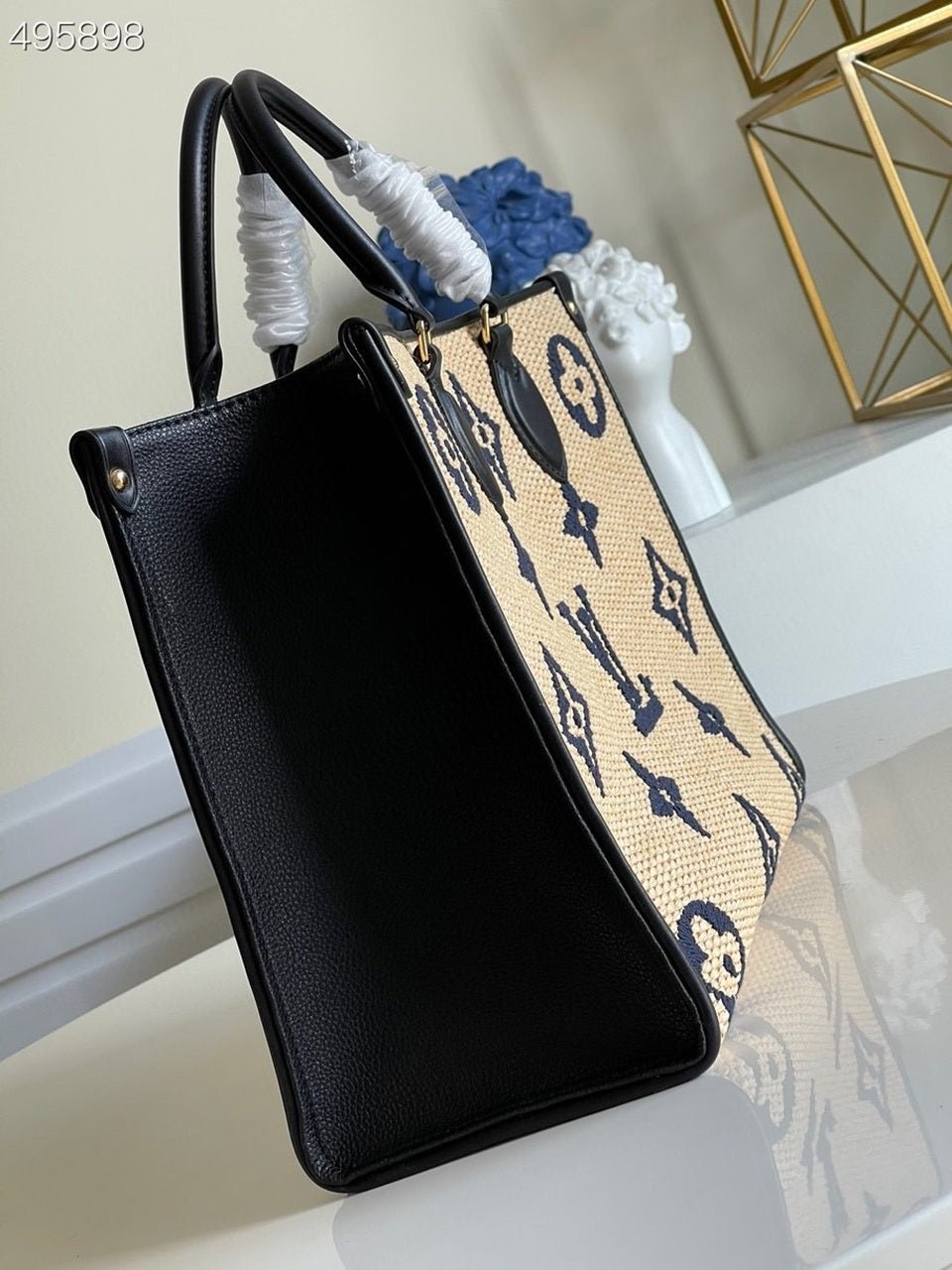 Louis Vuitton OnTheGo MM Bag 35cm Raffia/Cowhide Leather Spring/Summer Collection M57707 Black