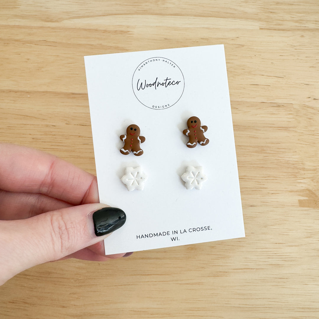 Gingerbread Man + Snowflake Stud Clay Earrings  |  Featured Brand