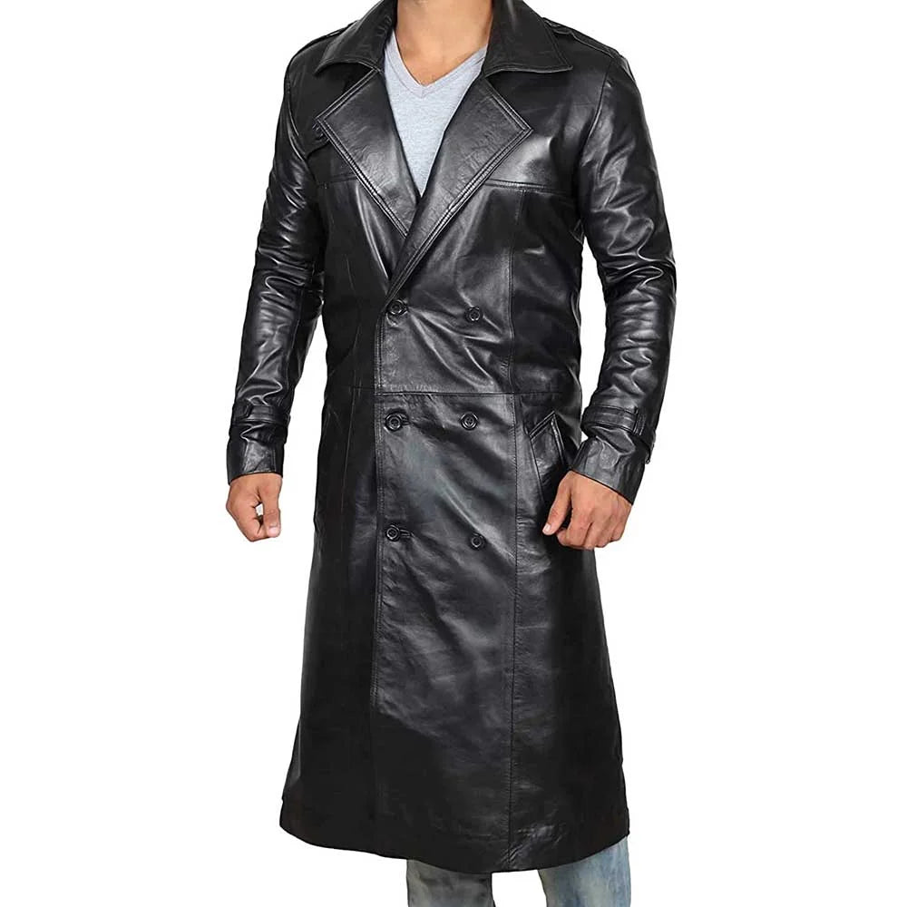 Black Genuine Leather Trench Coat Men’s – Leather Duster Coat