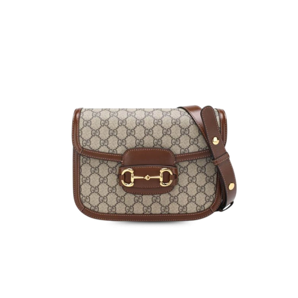 Gucci Horsebit 1955 Shoulder Bag Beige/Ebony GG Supreme Canvas With Brown For Women 9.8in/25cm