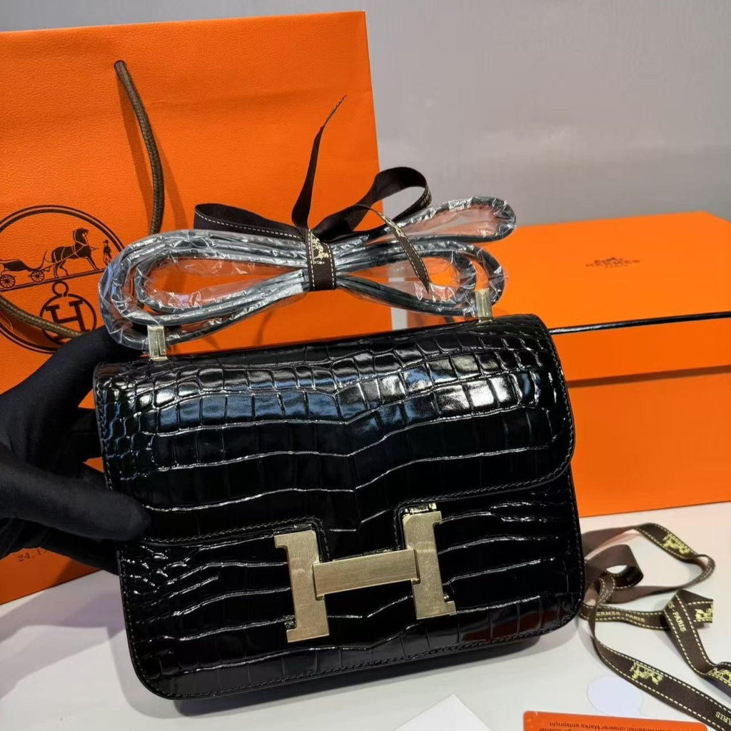 Hermes Constance 23 Pattern Crocodile Black For Women, Women’s Handbags, Shoulder Bag 9in/23cm