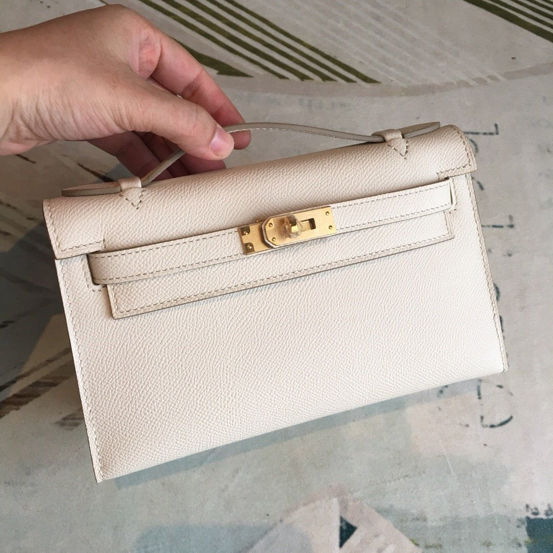 Hermes Kelly Pochettee White For Women Gold Toned Hardware 8.5in/22cm
