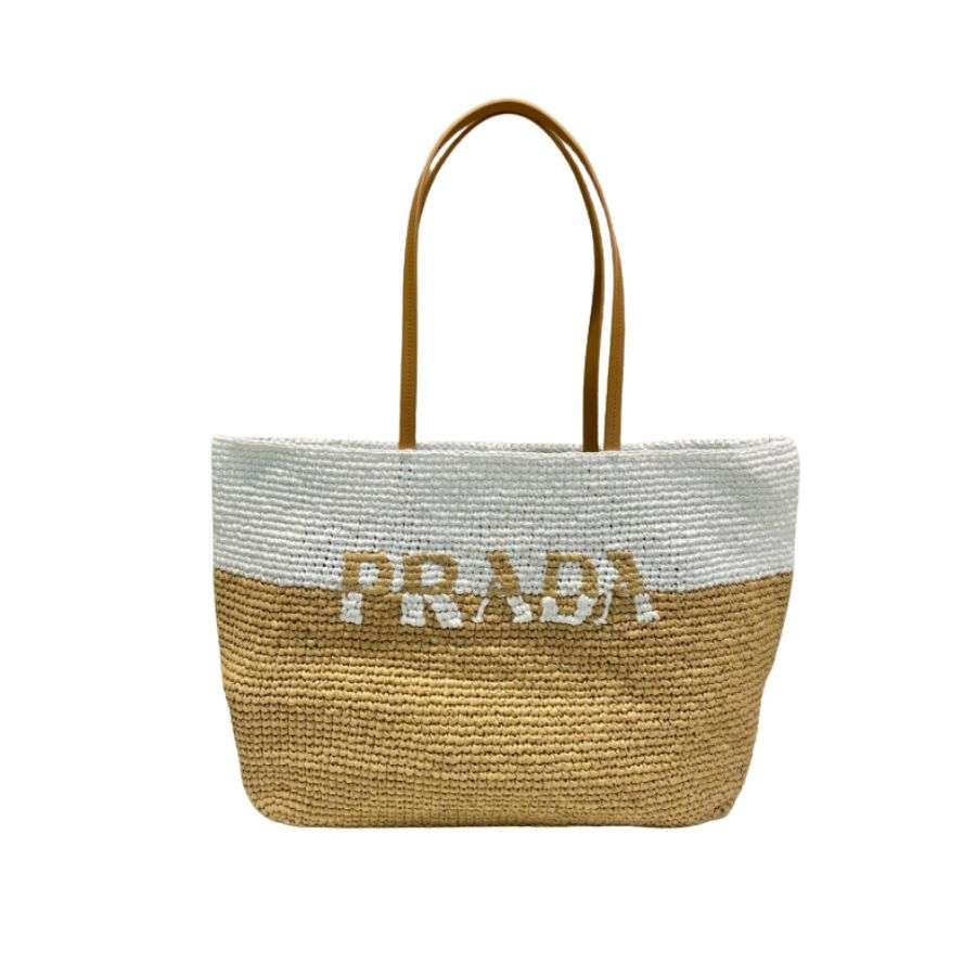 Prada Raffia Tote Bag Beige For Women 15in/38cm