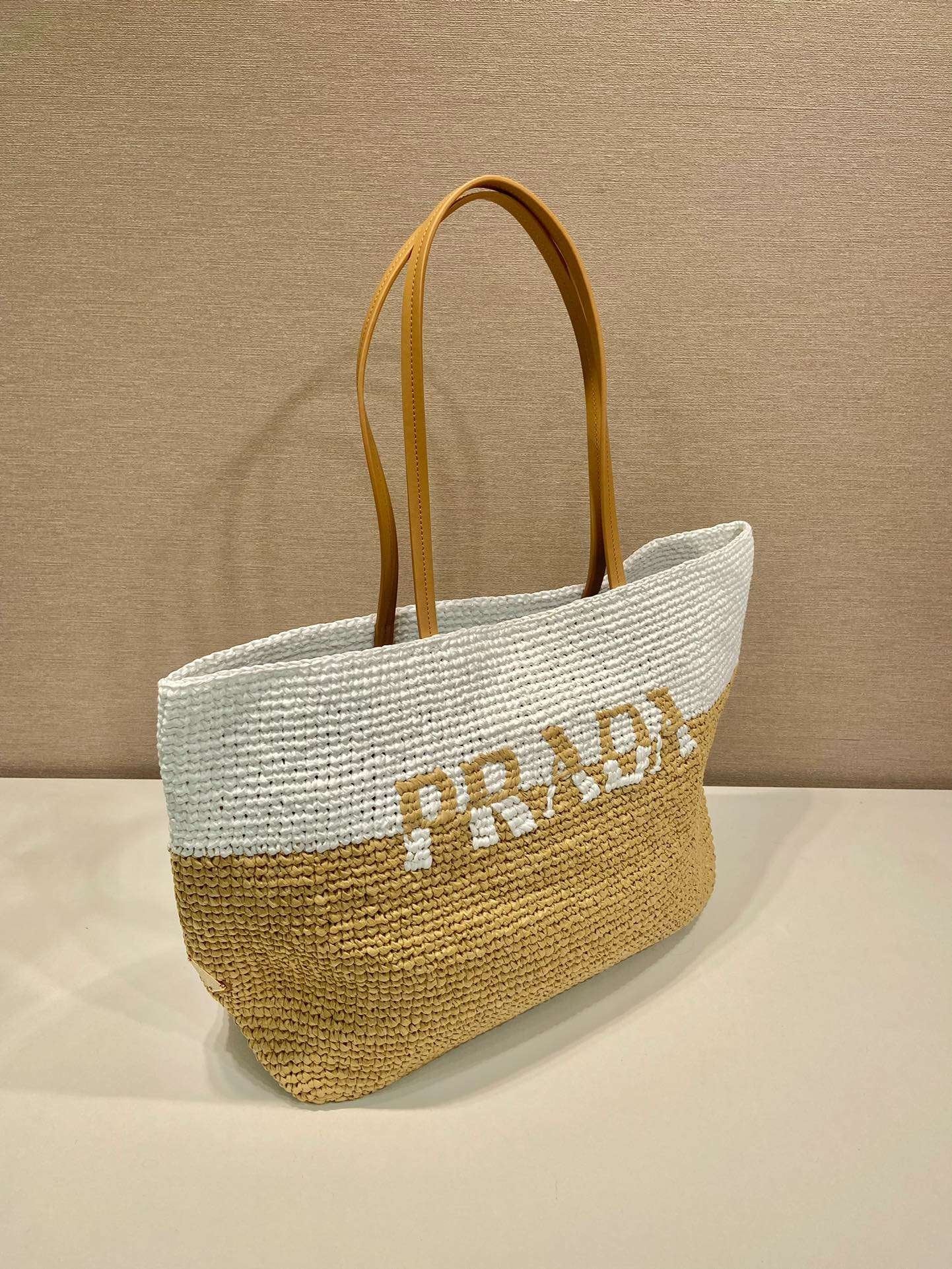 Prada Raffia Tote Bag Beige For Women 15in/38cm
