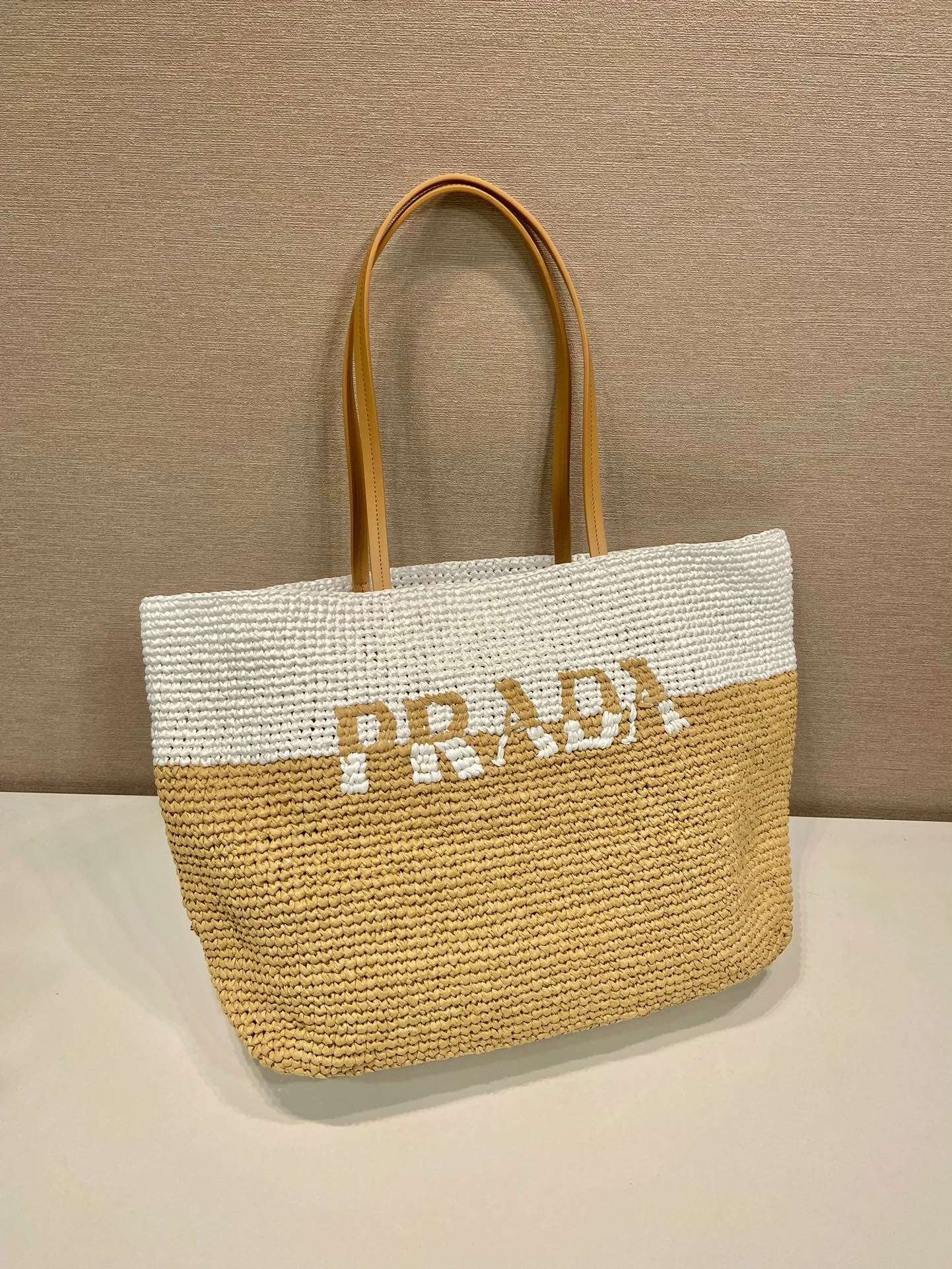 Prada Raffia Tote Bag Beige For Women 15in/38cm