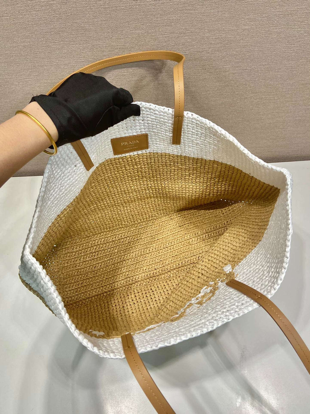 Prada Raffia Tote Bag Beige For Women 15in/38cm