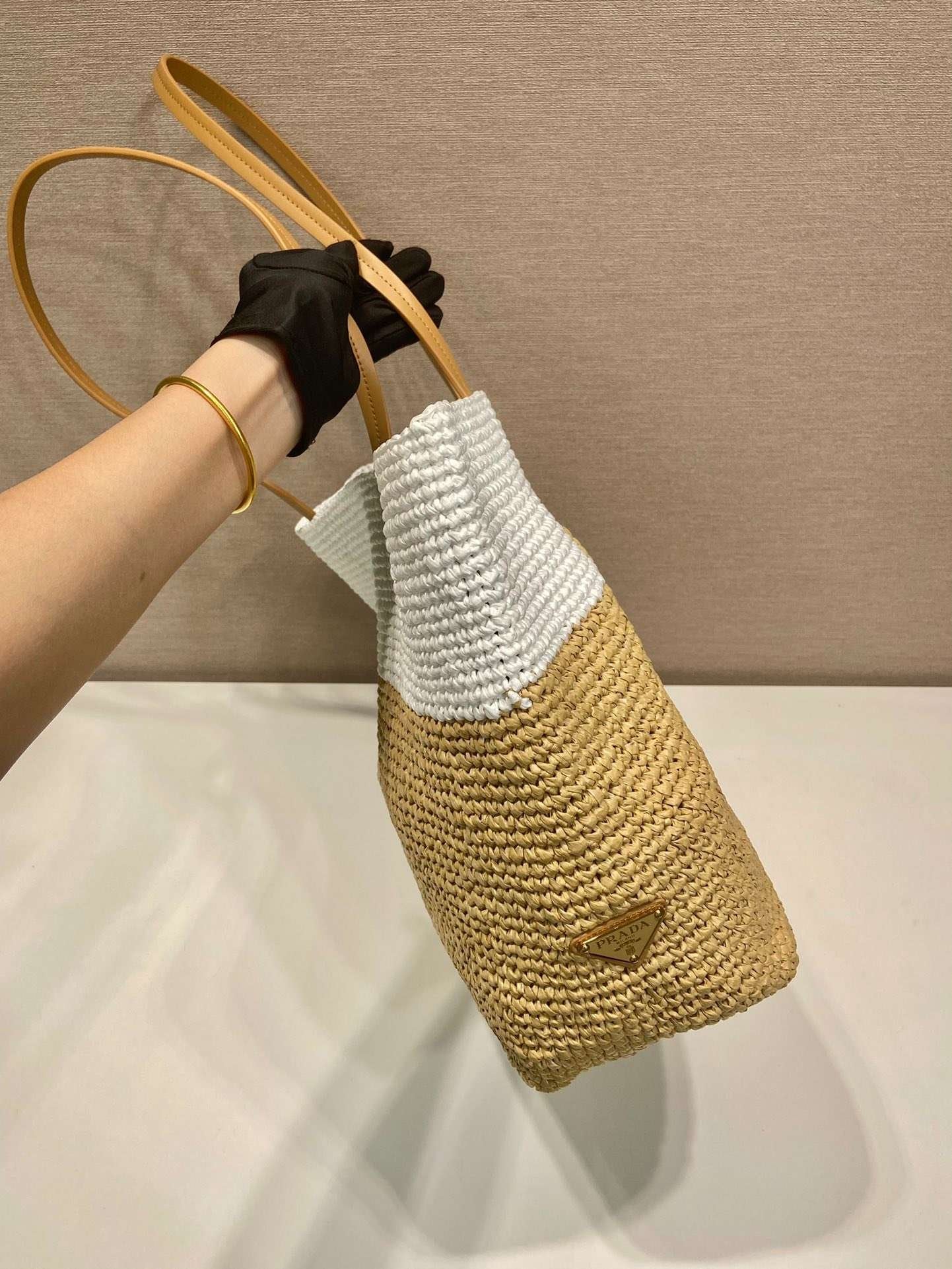 Prada Raffia Tote Bag Beige For Women 15in/38cm