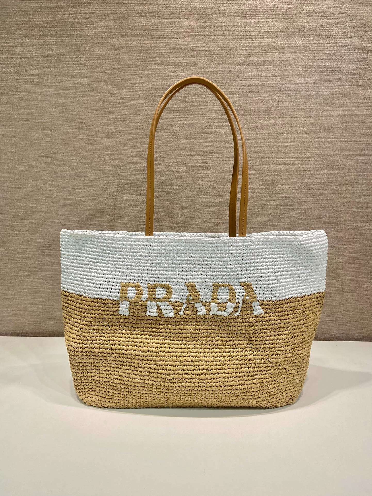 Prada Raffia Tote Bag Beige For Women 15in/38cm