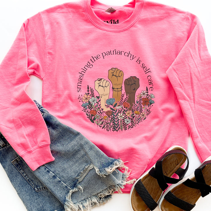Smashing The Patriarchy Is Self Care Neon Pink Pullover