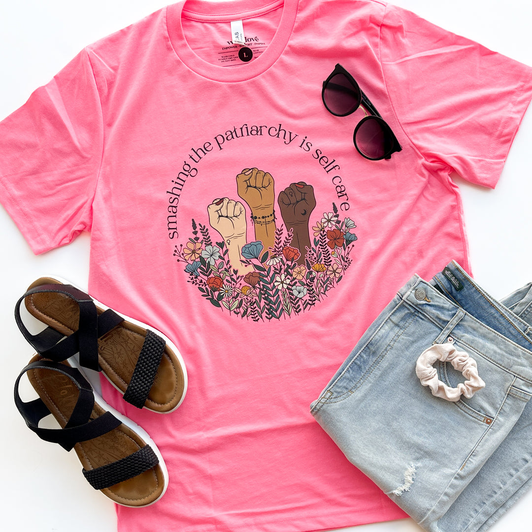 Smashing The Patriarchy Is Self Care Neon Pink Crew or V-Neck Tee