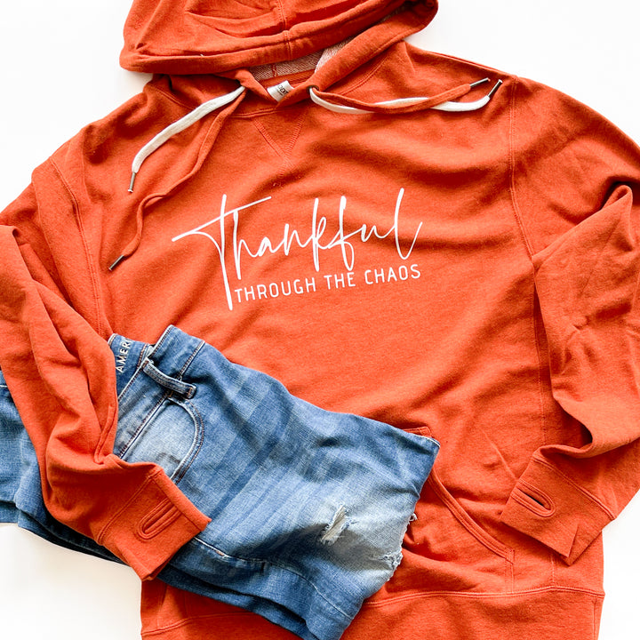 Thankful Through the Chaos French Terry Hoodie w/ Thumbholes  |  White Ink
