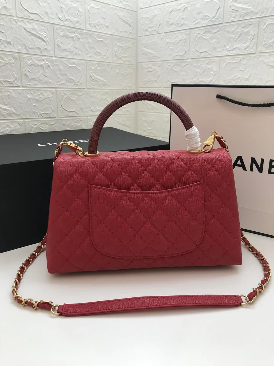 Chanel Coco Handle Quilted Lizard Handle Bag 30cm Caviar Leather Gold Hardware Spring/Summer Act 1 Collection, Red