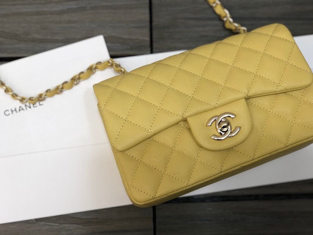 Chanel Classic Flap Bag 20cm Silver Hardware Caviar Leather Spring/Summer Collection Yellow