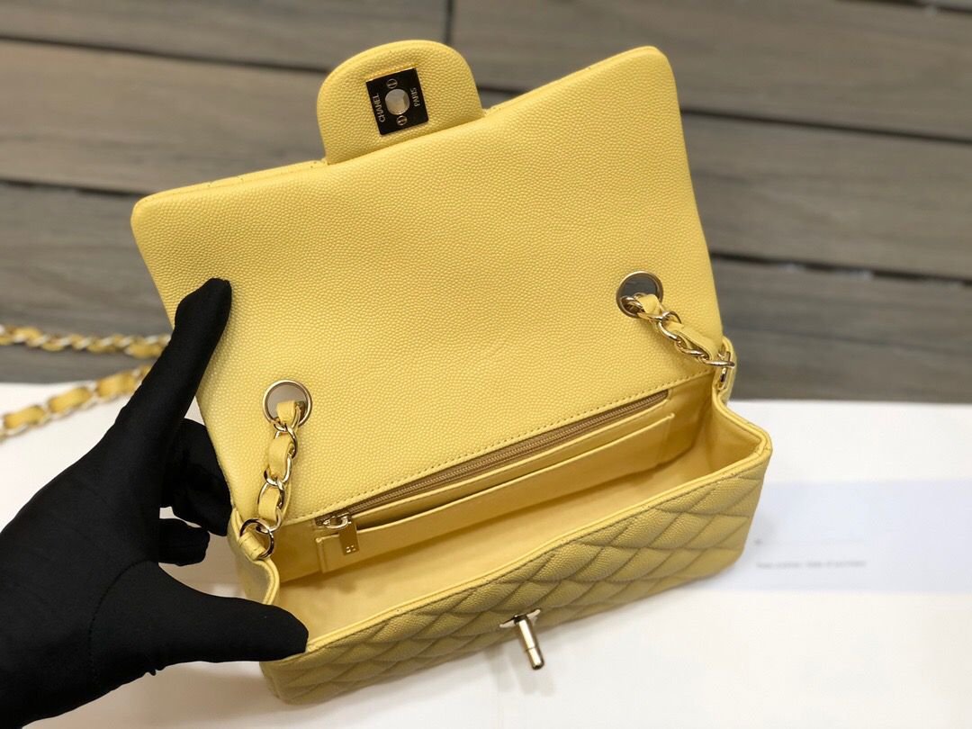 Chanel Classic Flap Bag 20cm Silver Hardware Caviar Leather Spring/Summer Collection Yellow