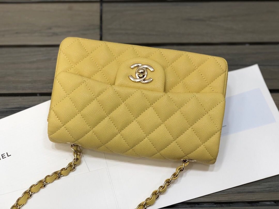 Chanel Classic Flap Bag 20cm Silver Hardware Caviar Leather Spring/Summer Collection Yellow