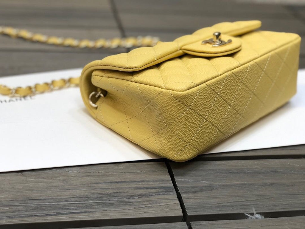 Chanel Classic Flap Bag 20cm Silver Hardware Caviar Leather Spring/Summer Collection Yellow