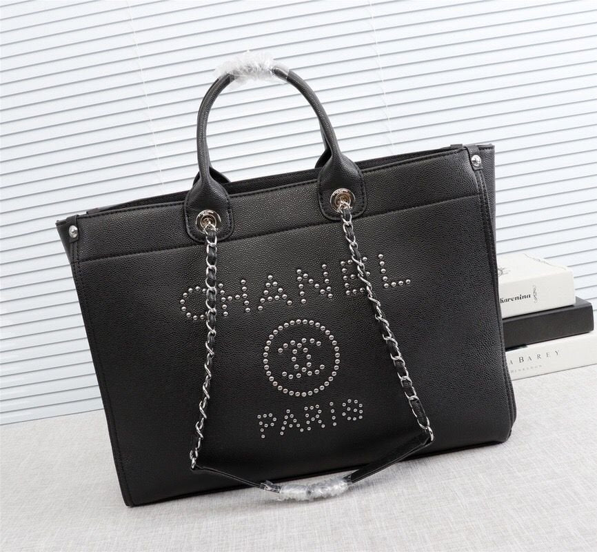 Chanel Deauville Tote 39cm Tweed Bag Black