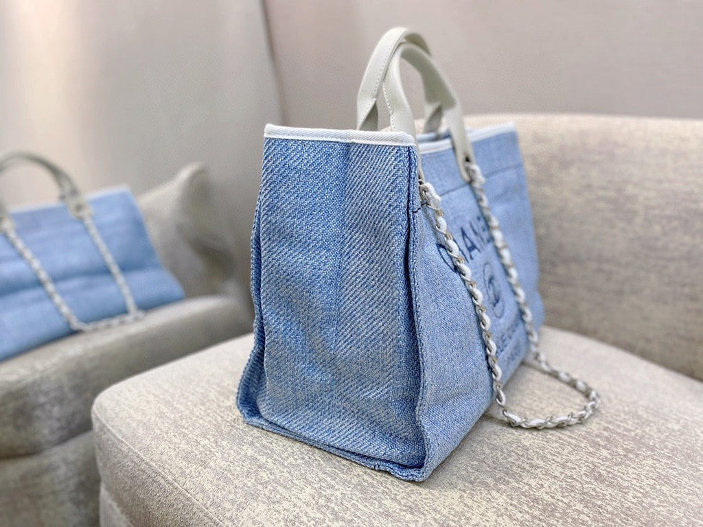 Chanel Deauville Tote 38cm Tweed Canvas Bag Fall/Winter Collection, Light Blue/White