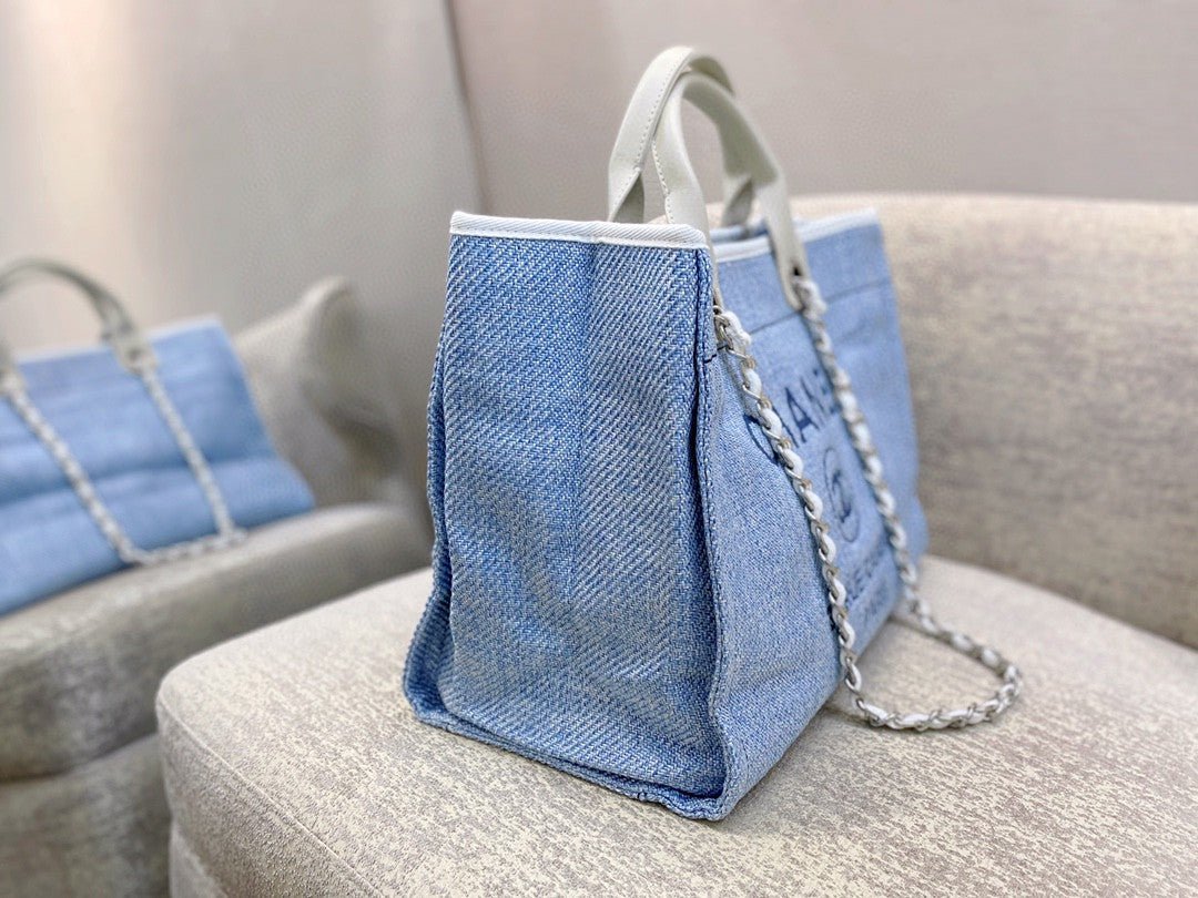 Chanel Deauville Tote 38cm Tweed Canvas Bag Fall/Winter Collection, Light Blue/White