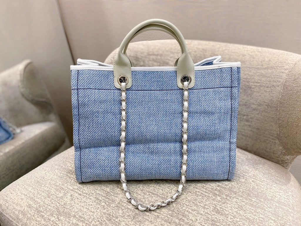 Chanel Deauville Tote 38cm Tweed Canvas Bag Fall/Winter Collection, Light Blue/White