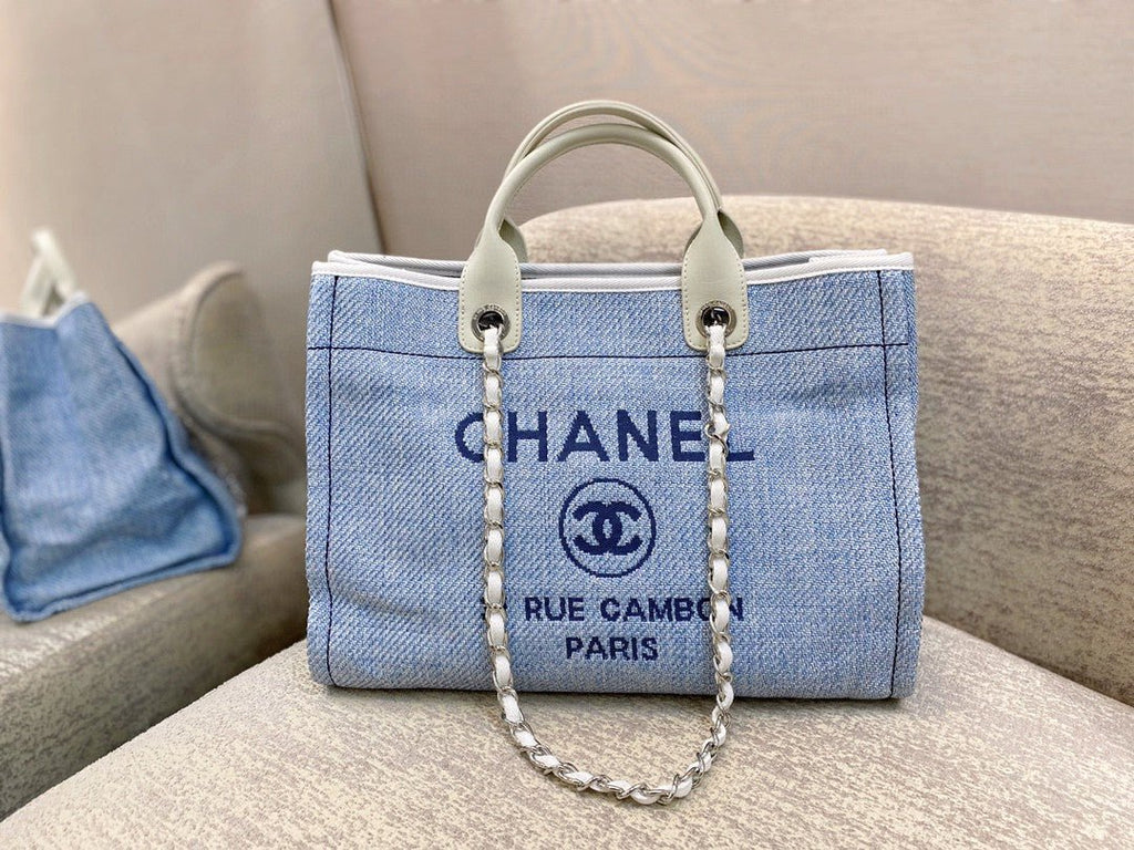 Chanel Deauville Tote 38cm Tweed Canvas Bag Fall/Winter Collection, Light Blue/White