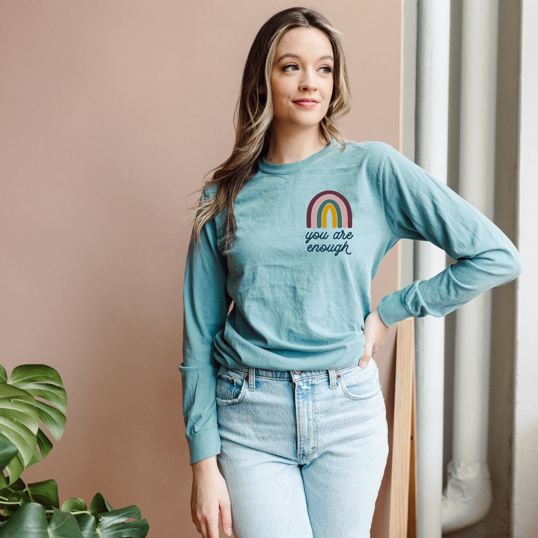 You Are Enough Rainbow Garment-Dyed Long Sleeve Tee  |  Warm Tones