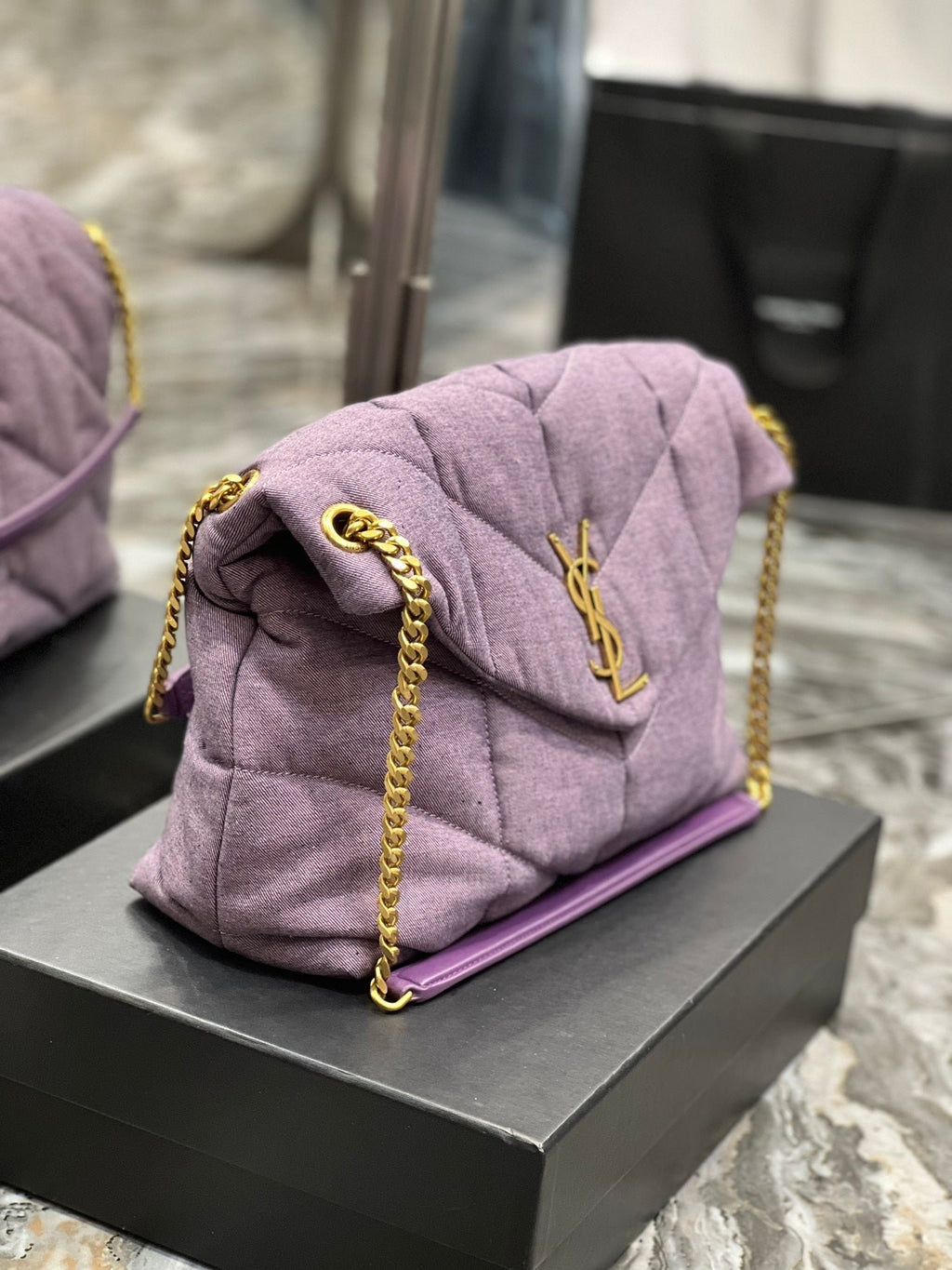 Saint Laurent Puffer Small Chain Bag In Denim 35cm