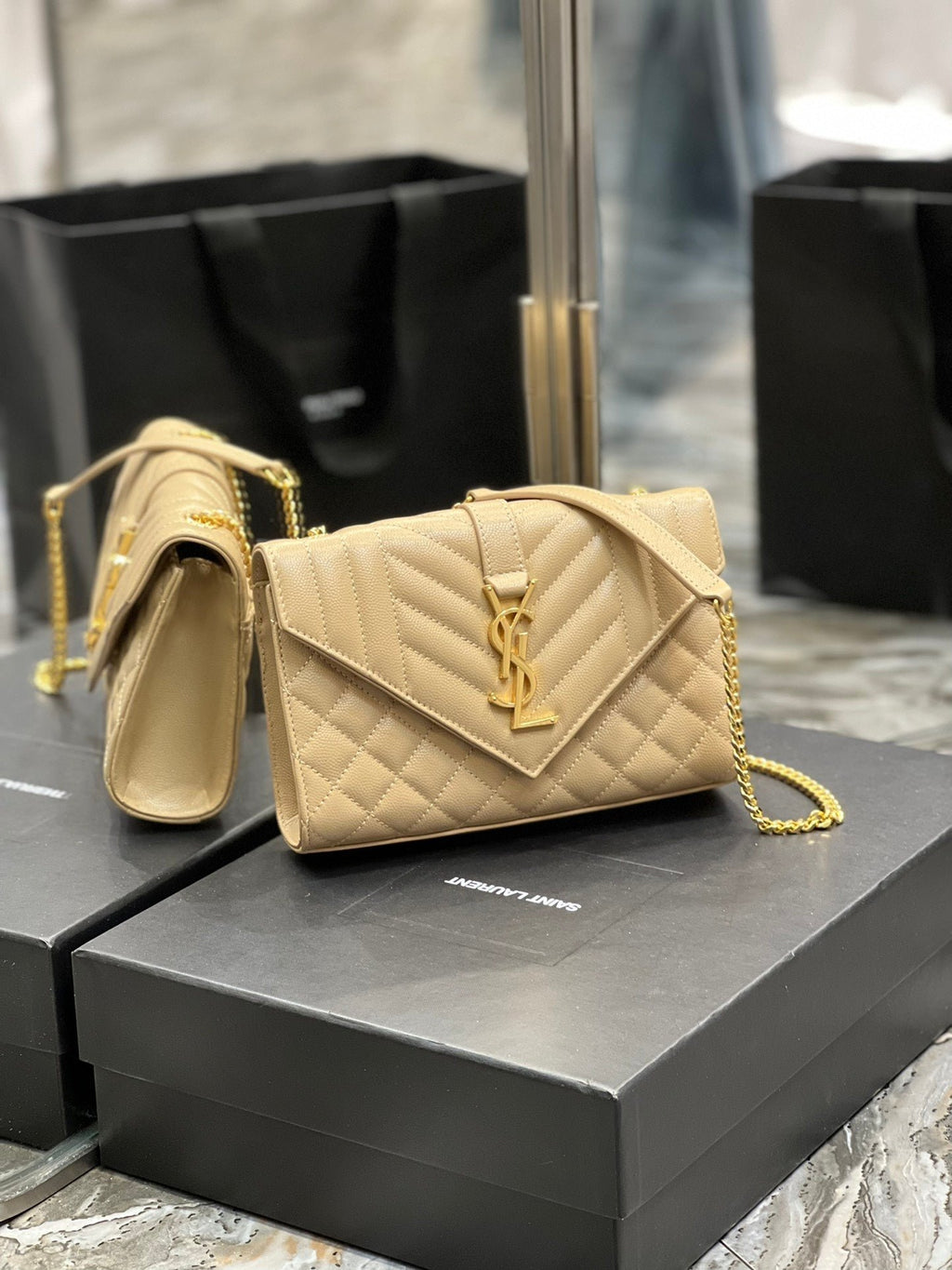 Saint Laurent Small Bag In Mix Matelasse 21cm Beige