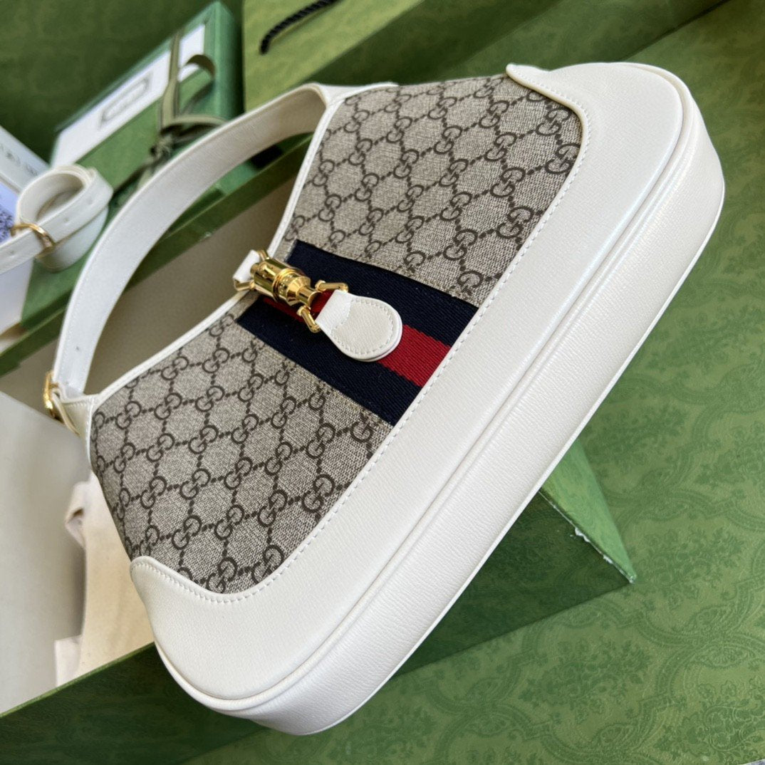 Gucci Jackie 1961 Small Shoulder Bag Beige And Ebony GG Supreme Canvas For Women 11in/28cm