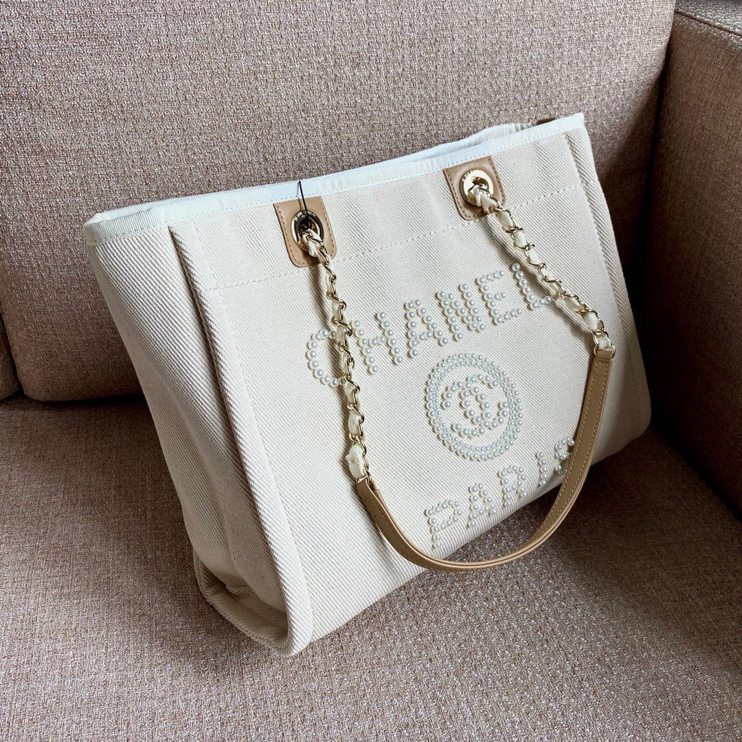 Chanel Deauville Tote 40cm Tweed Bag with Pearl Embroidery Spring/Summer Collection White