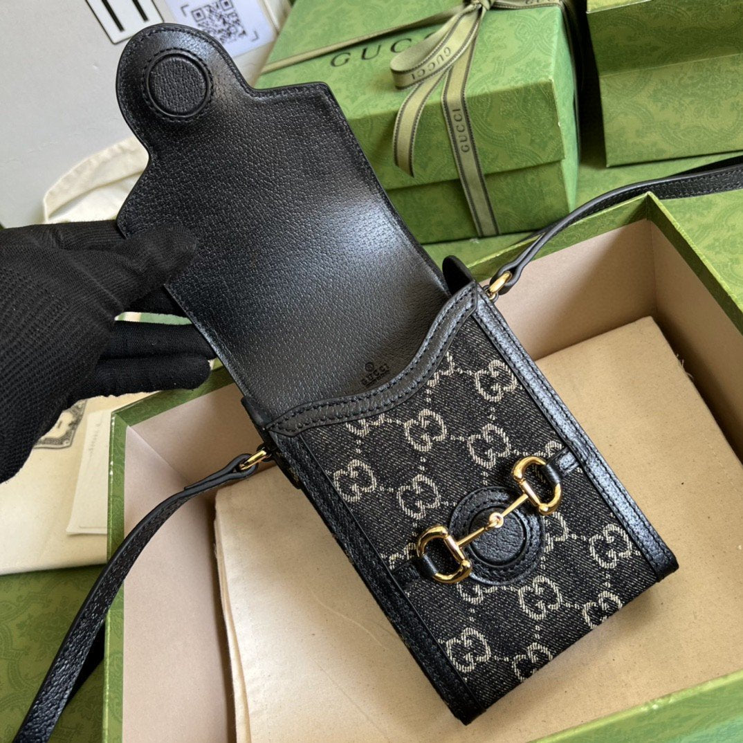 Gucci Horsebit 1955 Mini Bag Black And Ivory GG Denim Jacquard For Women 6.7in/17cm
