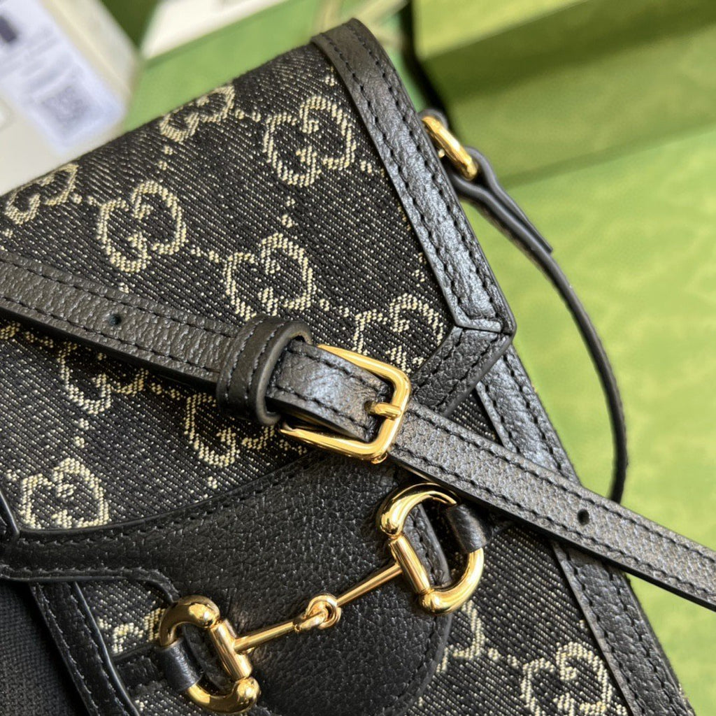 Gucci Horsebit 1955 Mini Bag Black And Ivory GG Denim Jacquard For Women 6.7in/17cm