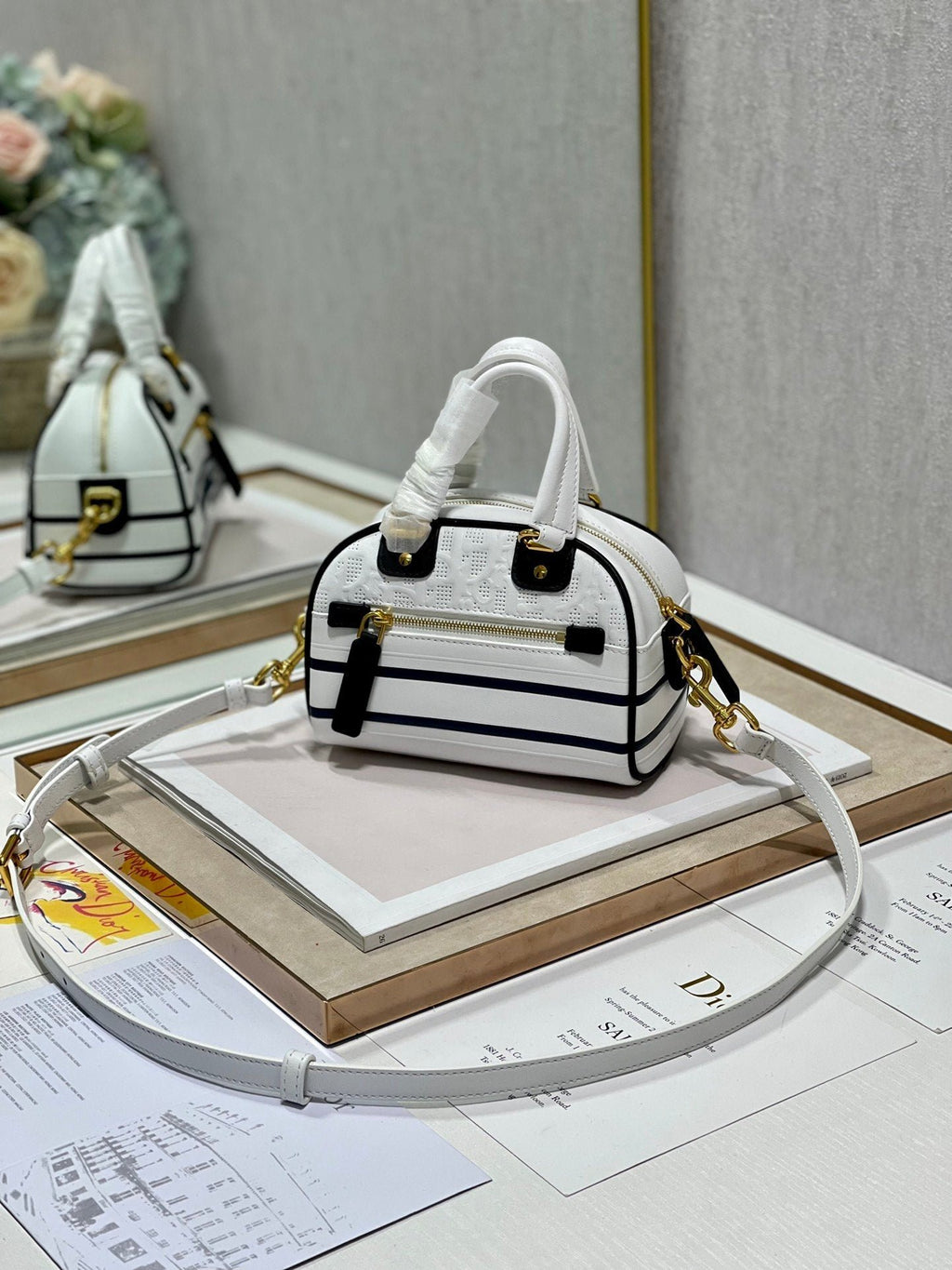 Christian Dior Mini Vibe Zip Bowling Bag 17cm White
