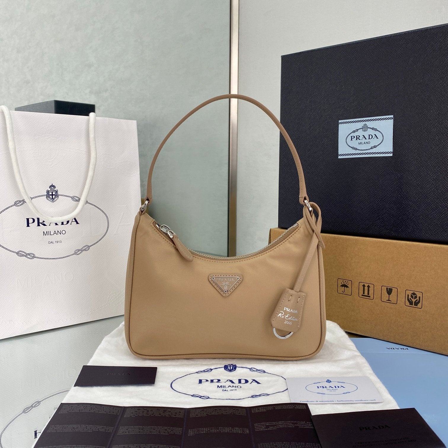 Prada Re-Edition 2005 Saffiano Leather Bag Beige For Women, Women’s Bags 8.6in/22cm
