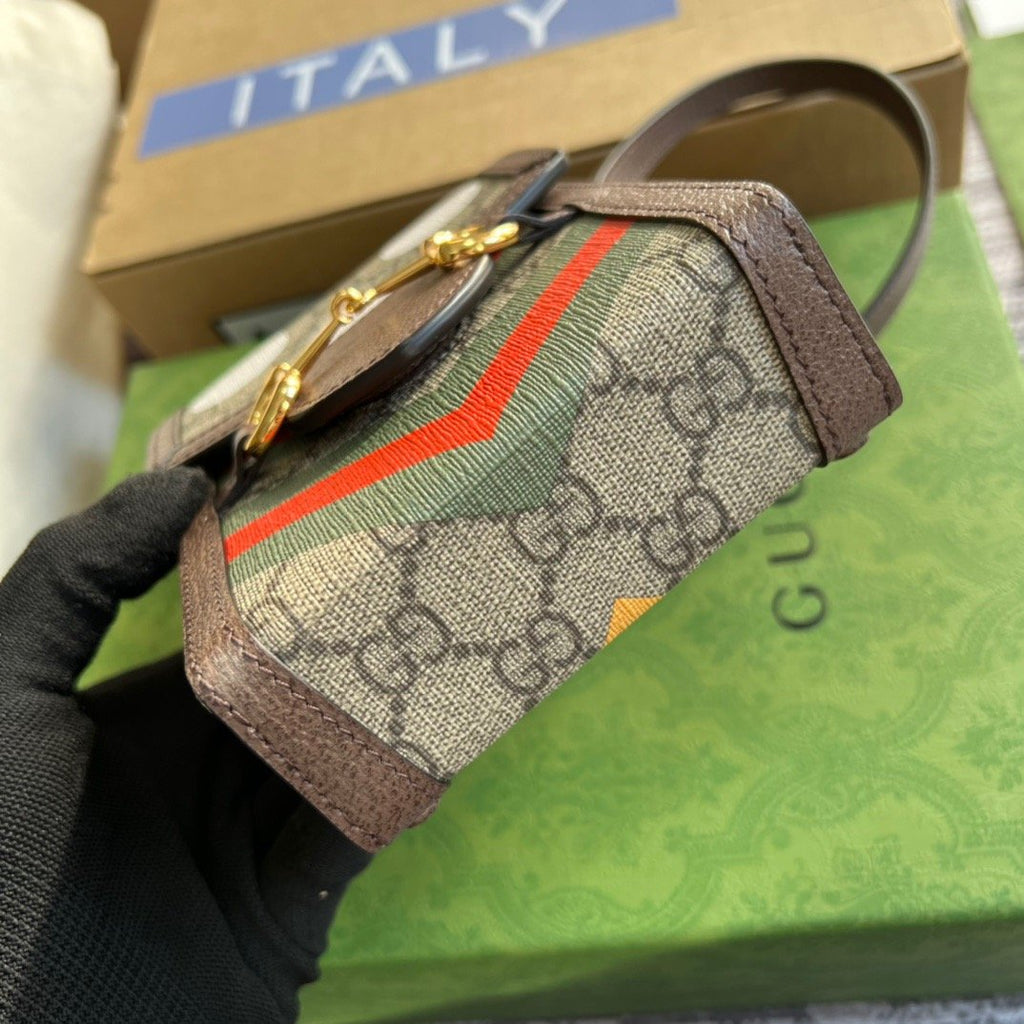 Gucci Horsebit 1955 Mini Bag Beige And Ebony GG Supreme Canvas With Geometric Print For Women 6.7in/17cm