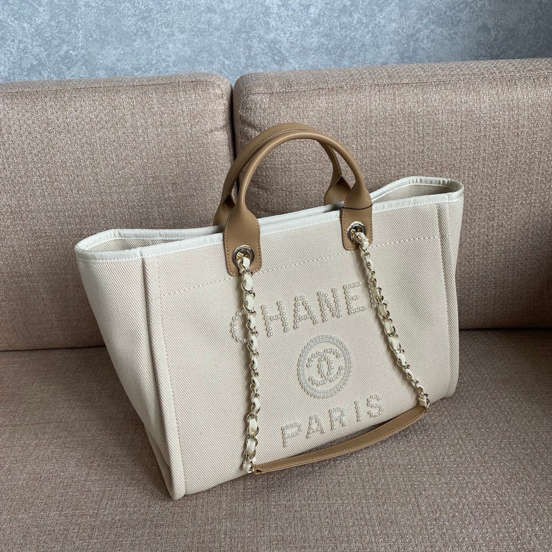 Chanel Deauville Tote 40cm Tweed Bag with Pearl Embroidery Spring/Summer Collection White
