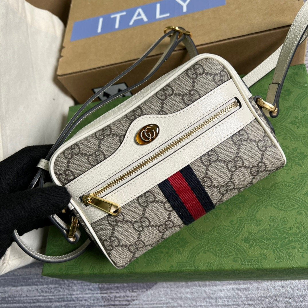 Gucci Ophidia Mini GG Bag Beige And Ebony GG Supreme Canvas, With White For Women 7in/17.5cm