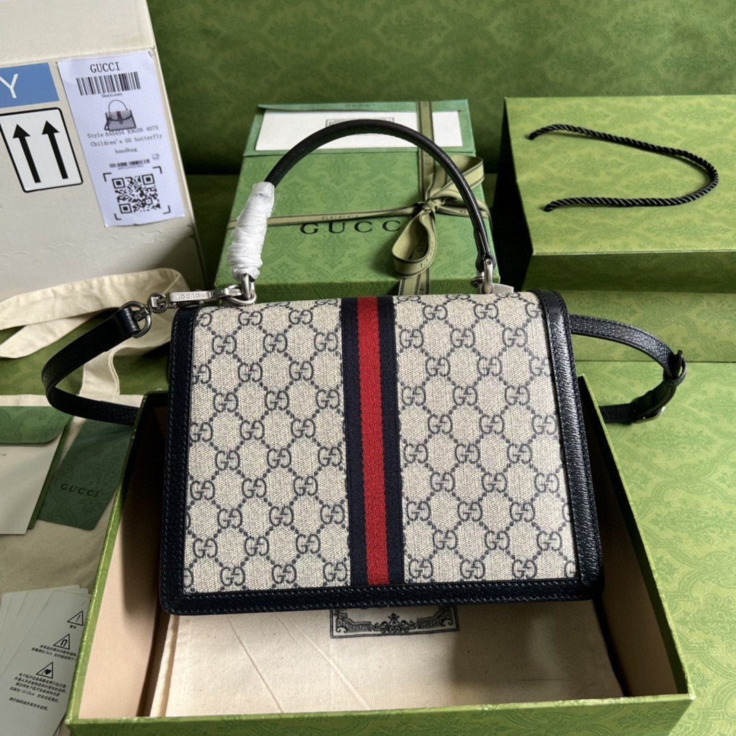 Gucci Ophidia Small Top Handle Bag Beige And Blue GG Supreme Canvas For Women 10in/25cm