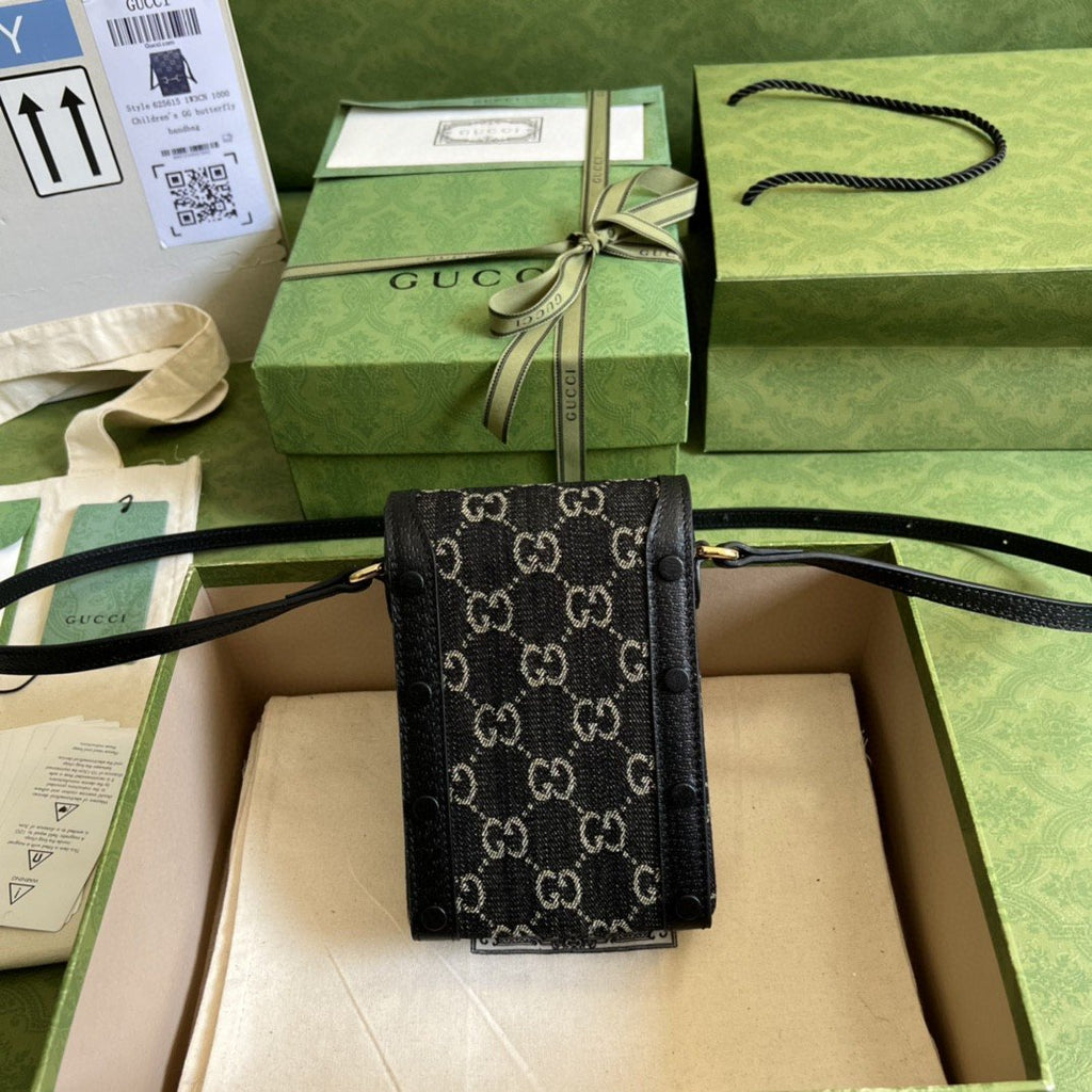 Gucci Horsebit 1955 Mini Bag Black And Ivory GG Denim Jacquard For Women 6.7in/17cm
