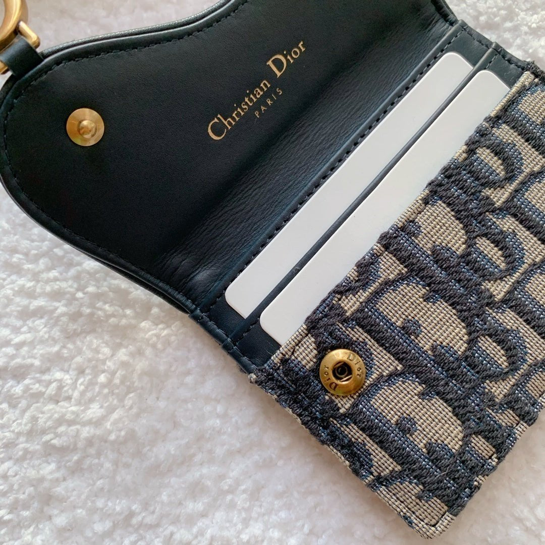 Christian Dior Saddle Flap Card Holder Black Wallet 11cm