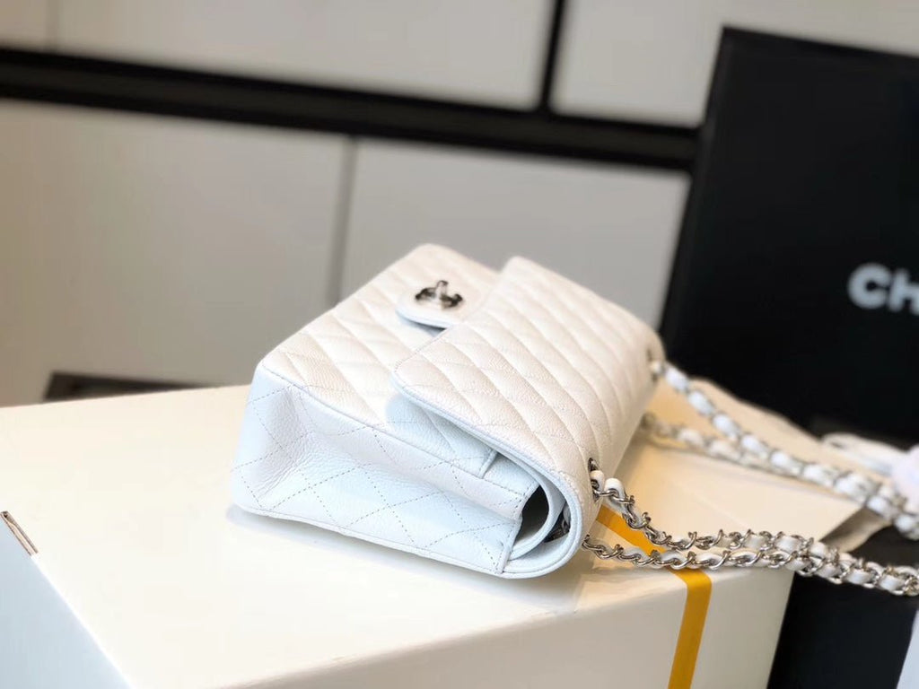 Chanel Classic Medium Flapbag Silver Hardware 26cm White